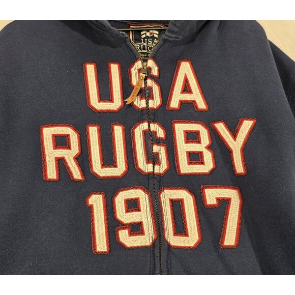 Vintage 90s Rugby USA Track Jacket Hoodie Letterman Varsity Patches Blue Men 3XL - Picture 4 of 16